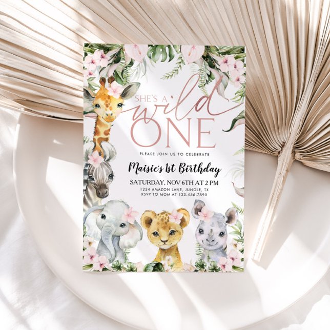 Wild One Safari-djur 1:a födelsedagsflicka Invitat Inbjudningar (Skapare uppladdad)