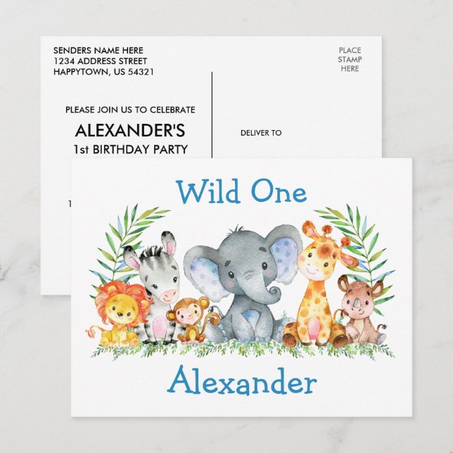 Wild One Safari Djur 1:a Födelsedagsinbjudan Vykort (Fram/baksida)