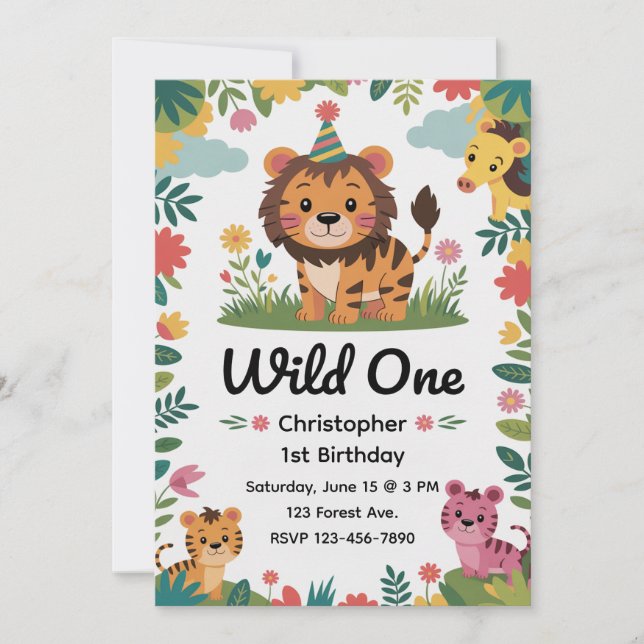 Wild One Safari Djur 1-årsdag | Djungel Inbjudningar (Framsida)