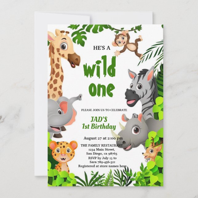 Wild One Safari Djur Djungel Födelsedag  Inbjudningar (Framsida)