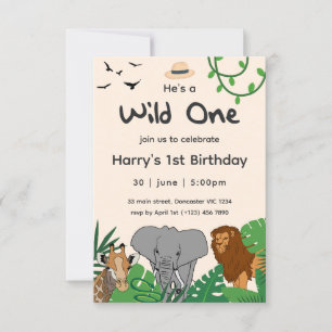Wild One Safari Djur i djungeln 1:a födelsedag Inbjudningar