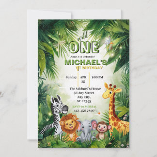 Wild One Safari Djur i djungeln 1-årsfest Inbjudningar