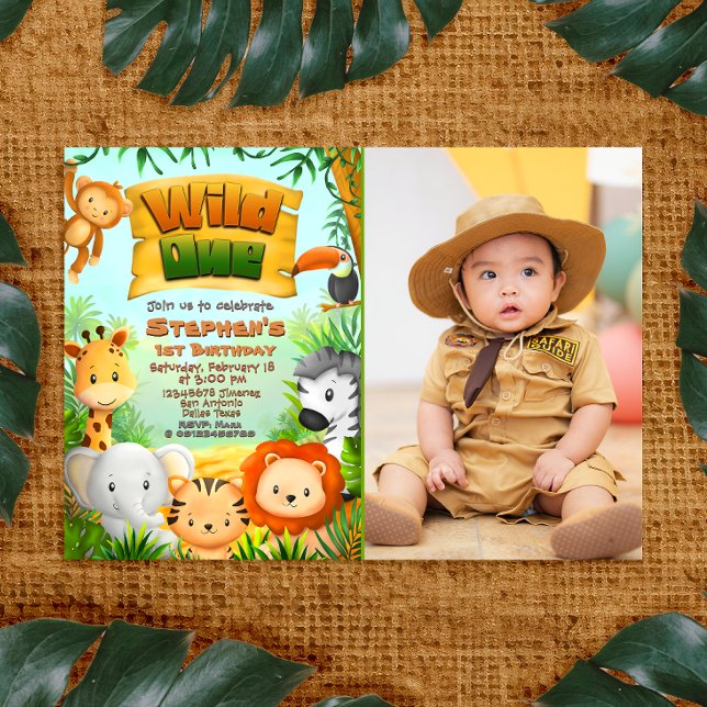 Wild One - Safari Djur med Foto Inbjudan (Wild One - Safari Animals with Photo Picture Landscape Invitation)