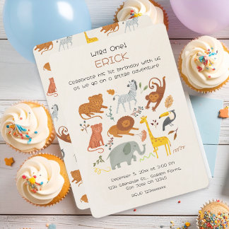 Wild One Safari First Birthday Invitation for Boys Inbjudningar