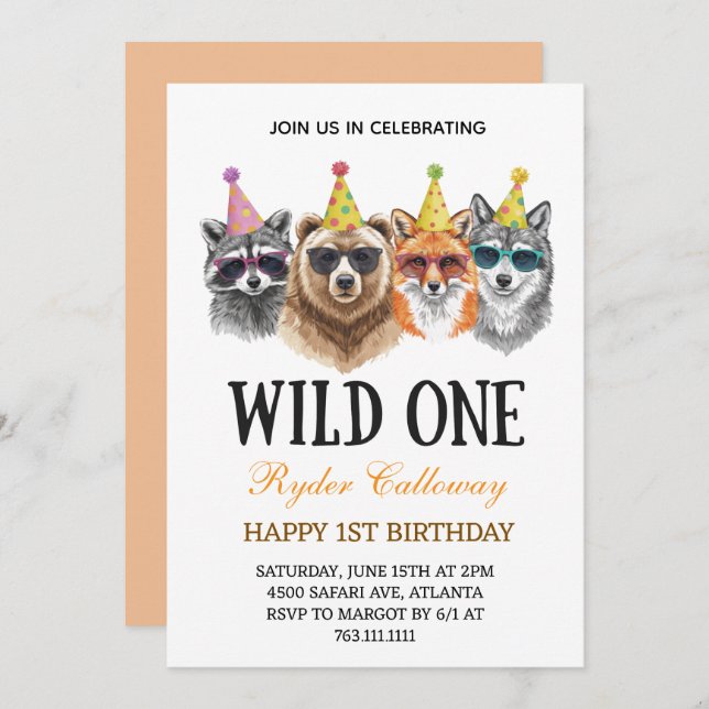 Wild One Safari First Birthday – Jungle Animal  Inbjudningar (Fram/baksida)