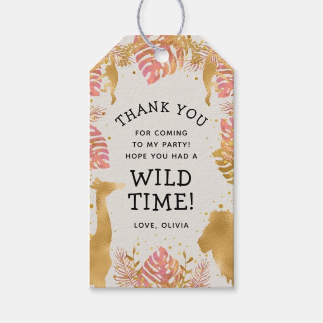 Wild One Safari Födelsedagsflickor Rosa Guld Ecru Presentetikett (Framsidan)