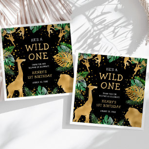 Wild One Safari Första Födelsedagsfest Grön Svart Pappersservett