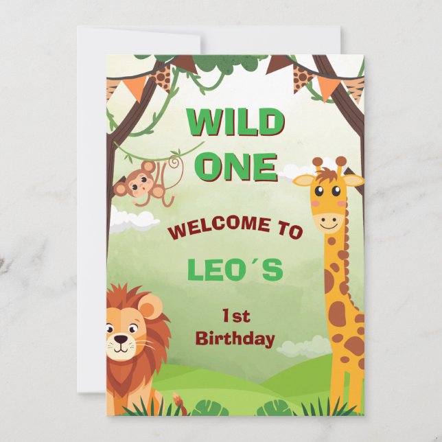 Wild One Safari Första Födelsedagsinbjudan | Djung Inbjudningar (Framsida)