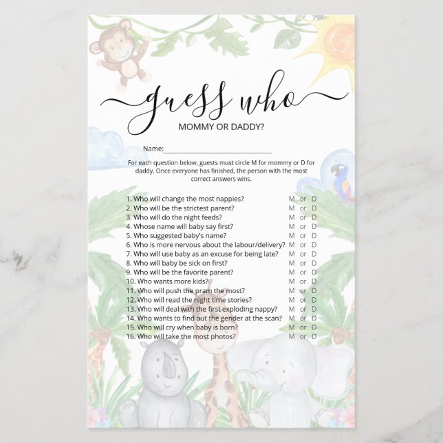 Wild One Safari "Gissa Vem" Baby Shower Spel Flyer (Framsidan)