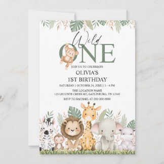 Wild One Safari Jungle Animals 1st Birthday Inbjudningar