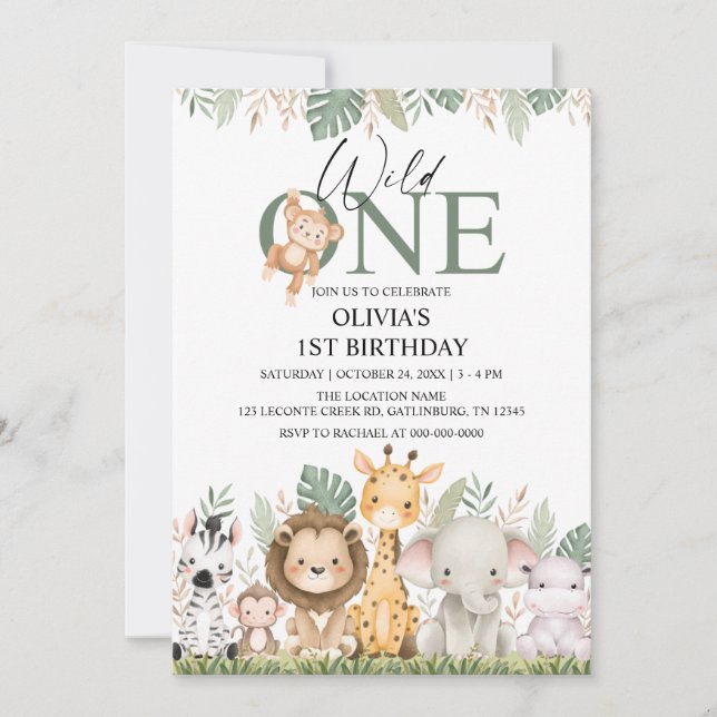Wild One Safari Jungle Animals 1st Birthday Inbjudningar (Framsida)