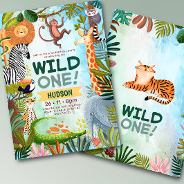 Wild one safari jungle animals boy birthday inbjudningar