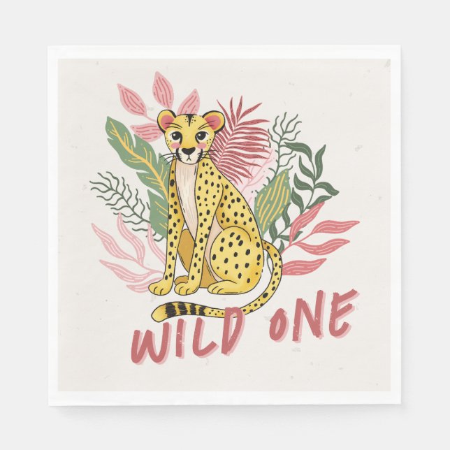 Wild One Safari Pink Cheetah Kids Birthday Party Pappersservett (Framsidan)