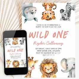 Wild One Safari Theme Girl's First Birthday Party Inbjudningar