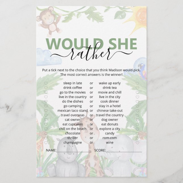 Wild One Safari Would She Rather Baby Shower-spel (Framsida)