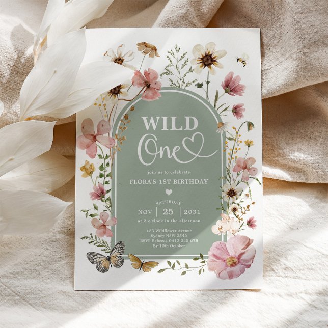 Wild One: Sage Green Wildflower First Birthday Inbjudningar (Skapare uppladdad)