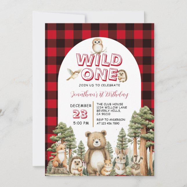 Wild One Woodland Animal 1st Birthday Party Plaid Inbjudningar (Framsida)