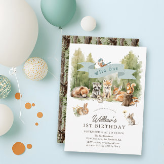 Wild One Woodland Animals Forest Boy 1st Birthday Inbjudningar