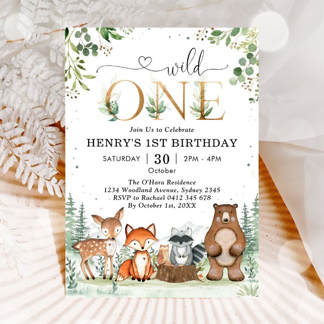 Wild One Woodland Party Animals Boy 1st Birthday Inbjudningar (Skapare uppladdad)