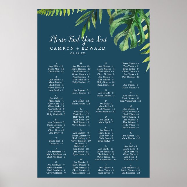 Wild Palm | Navy Blue Alphabetical Seating Chart Poster (Framsidan)