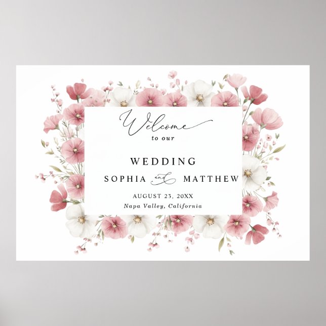 Wild Pink Flowers Wedding  Poster (Framsidan)
