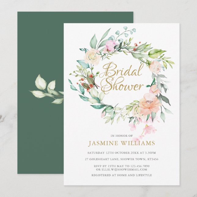 Wild Rose Floral Guld Script Bröllopsdusch Inbjudningar (Fram/baksida)