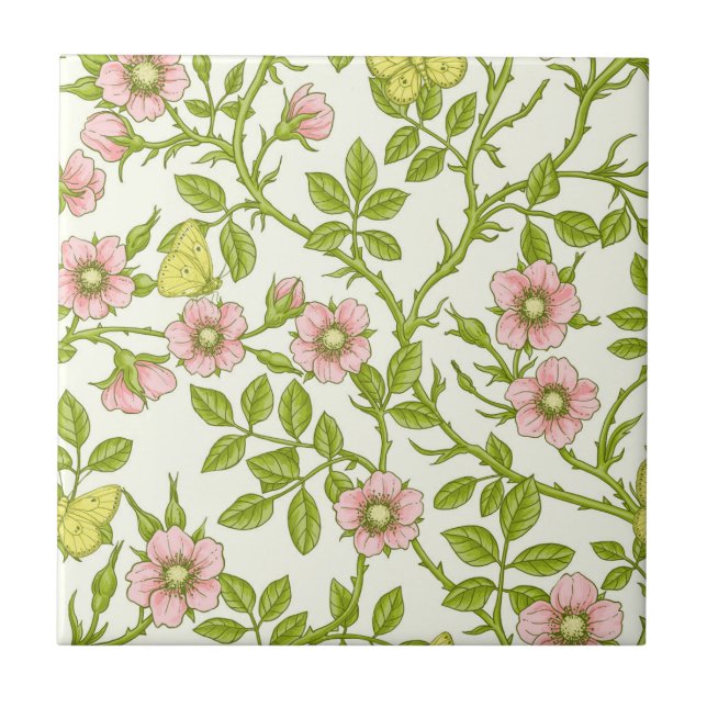 Wild roses and butterflies /pink/pale green/yellow kakelplatta (Framsidan)