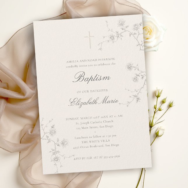 Wild Roses Garden Modern Classic Ecru Dopning Inbjudningar (baptism invitation card classic elegant wild rose wildflowers holy cross christening blessing church)