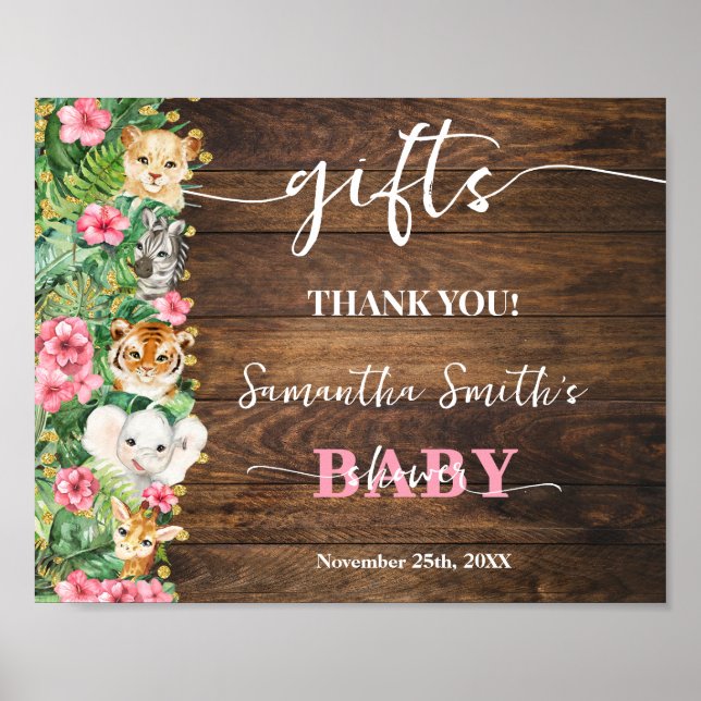 Wild Rustic Safari Pink Flowers Gifts Baby Shower Poster (Framsidan)