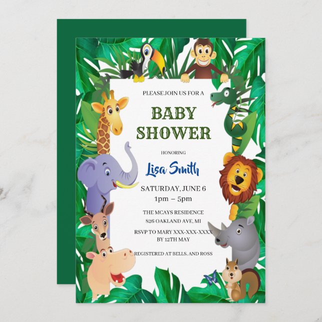 Wild Safari Animal Jungle Baby Shower Inbjudningar (Fram/baksida)