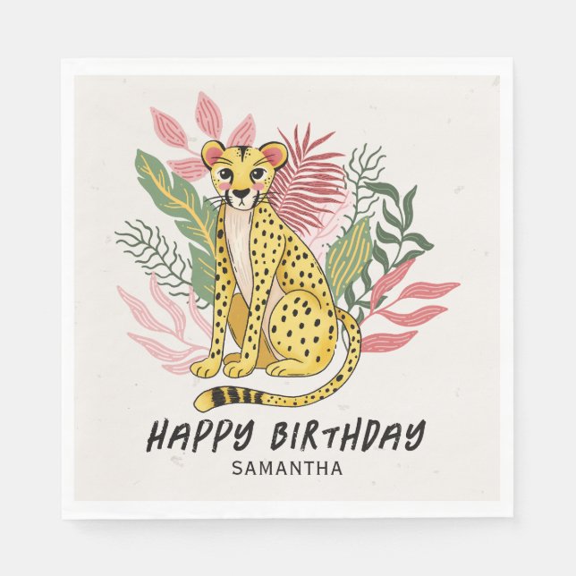 Wild Safari Pink Cheetah Kids Birthday Party Pappersservett (Framsidan)