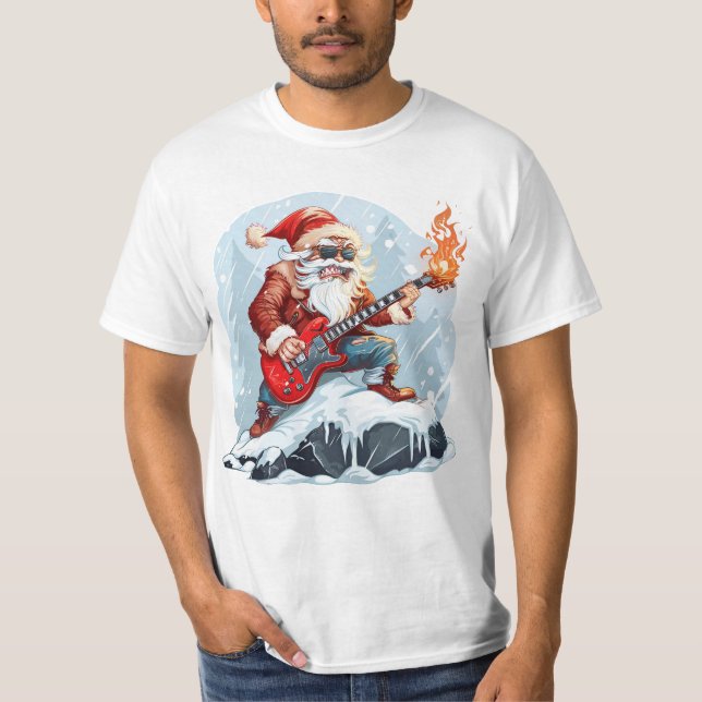 Wild Santa Playing Guitar in Snow T-Shirt (Framsida)