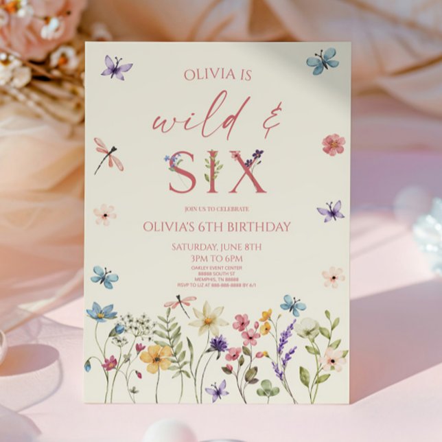 Wild & Six Wildflower Blommig 6-års födelsedagsfes Inbjudningar (Skapare uppladdad)