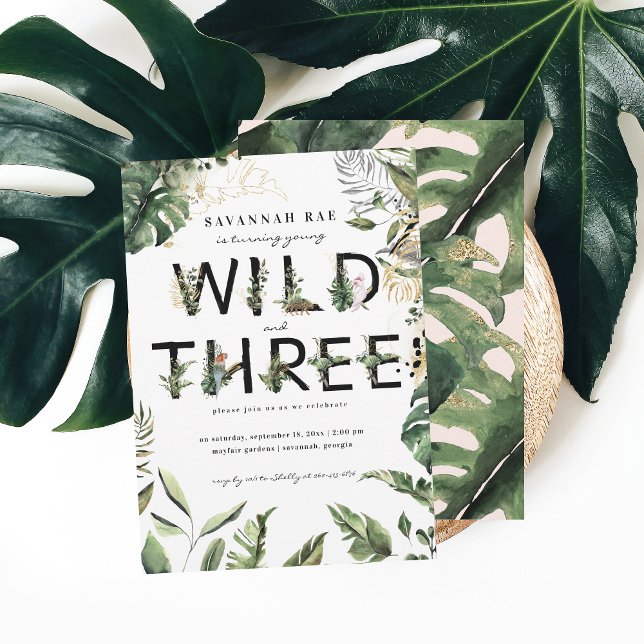 Wild & Three Tropisk Grönska 3-års Födelsedag  Inbjudningar (Skapare uppladdad)