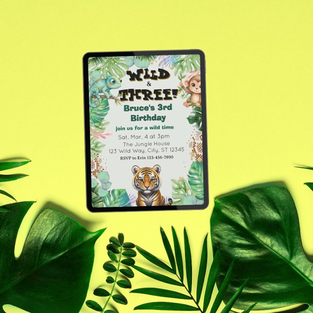 Wild & Three, Vattenfärg Djungel Födelsedag Inbjudningar (Skapare uppladdad)