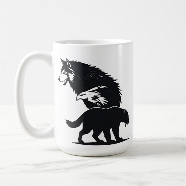 Wild Trio: Wolf, Eagle, and Bear Silhouette Kaffemugg (Vänster)
