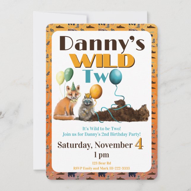Wild Two Animals First Birthday Invitation Inbjudningar (Framsida)