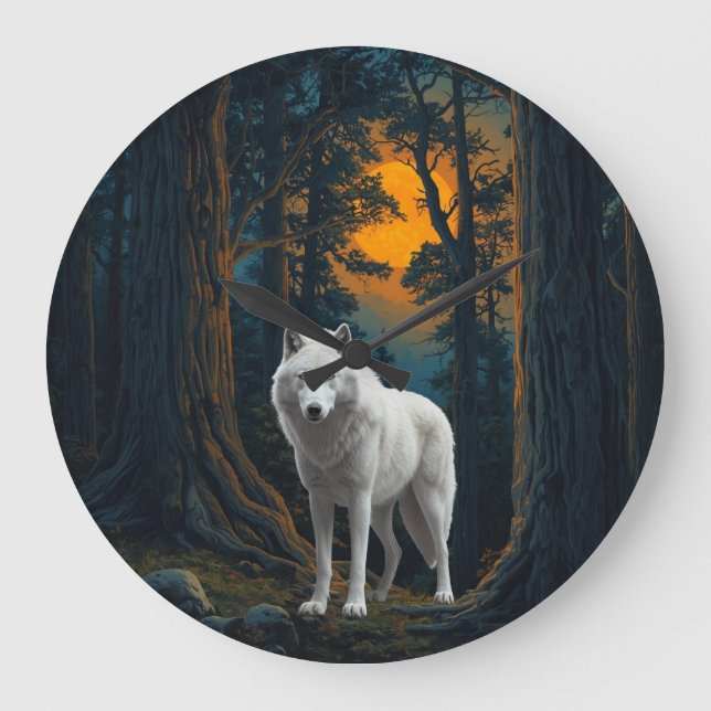 Wild White Wolf Under Moonlight Forest Animal Stor Klocka (Framsida)