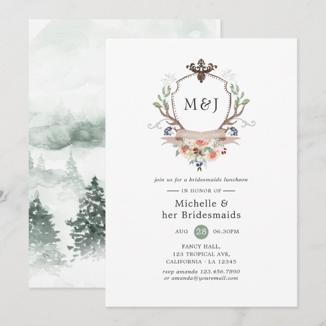 Wild Woodland Crest Monogram Brudtärna Lunchen Inbjudningar (Fram/baksida)