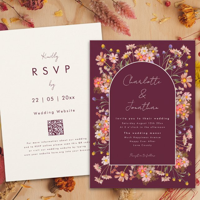 Wildblomarch Burgundy Terracotta Fall Wedding Wedd Inbjudningar (Boho chic wildflower arch burgundy terracotta burnt orange fall wedding invitation )