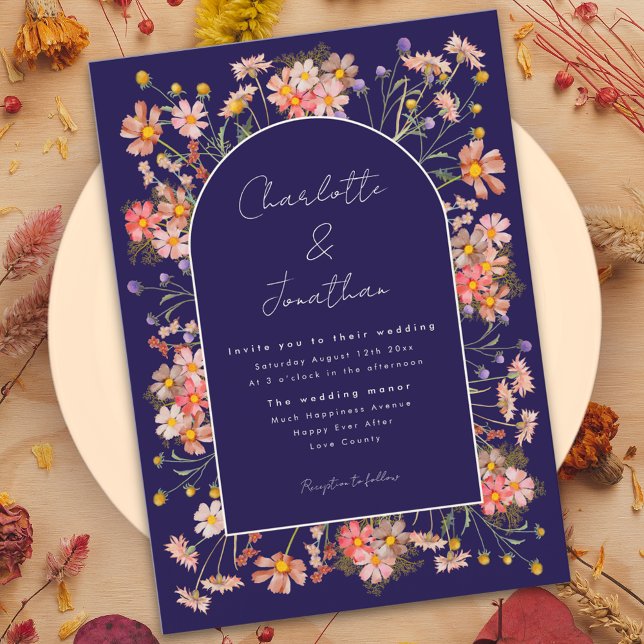 Wildblomarch Navy Blue Terracotta Fall Wedding Wed Inbjudningar (Wildflower arch boho script navy blue burnt Orange terracotta fall wedding 
Invitation )