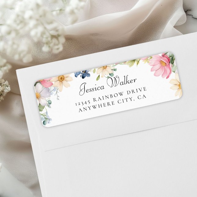 WildblomBaby Shower Adress Returadress Etikett (Personalized Wildflower Baby Shower Address Label, White +Pastel.)