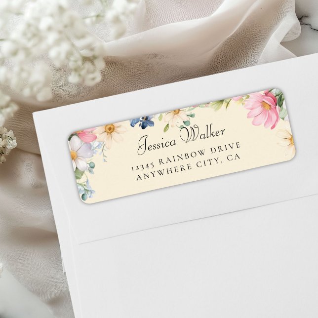 WildblomBaby Shower Adress Returadress Etikett (Personalized Wildflower Baby Shower Address Label, Beige+Pastel.)