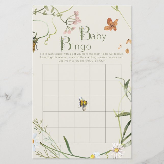 WildblomBee Beige Baby Shower Bingo Game Card (Framsida)