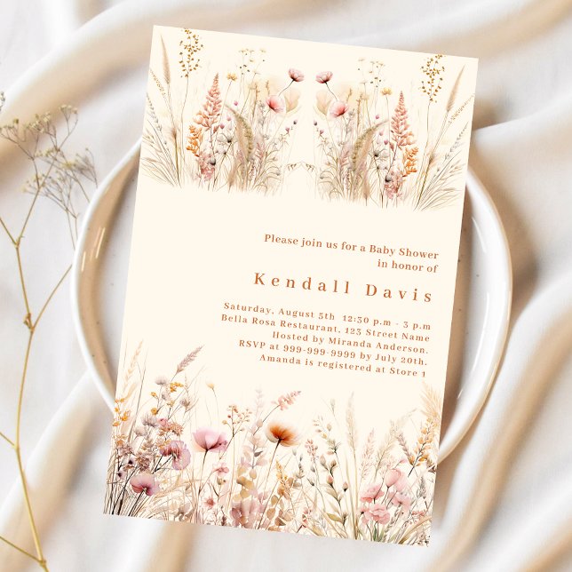 Wildblombeige kräm rosa boho Baby Shower Inbjudningar (Skapare uppladdad)