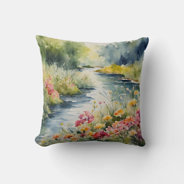 Wildblombergen Bäck Waterscape Watercolor Kudde (Framsida)