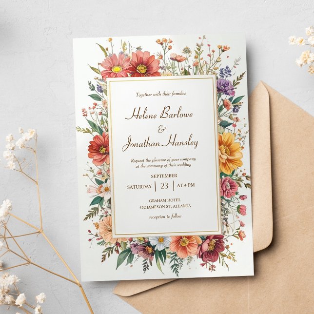 WildblomBlommigt Boho Vintage Elegant bröllop Inbjudningar (Wildflower Floral Boho Vintage Elegant Wedding Invitation)