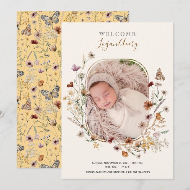 WildblomBlommigt Nyfödd bebis Birth Photo Announce Meddelande (Fram/baksida)