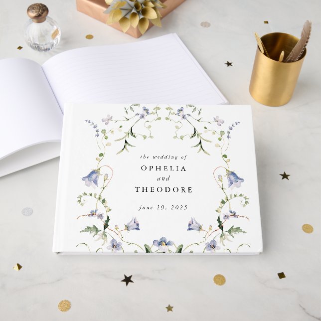 WildblomBlue Watercolor Bröllop Monogram Gästböcker (Framsida Öppen)