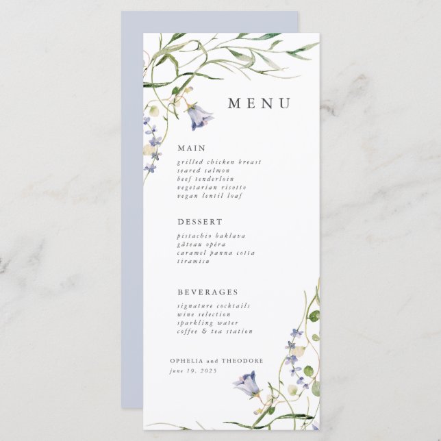 WildblomBlue Watercolor Elegant bröllop Meny (Fram/baksida)